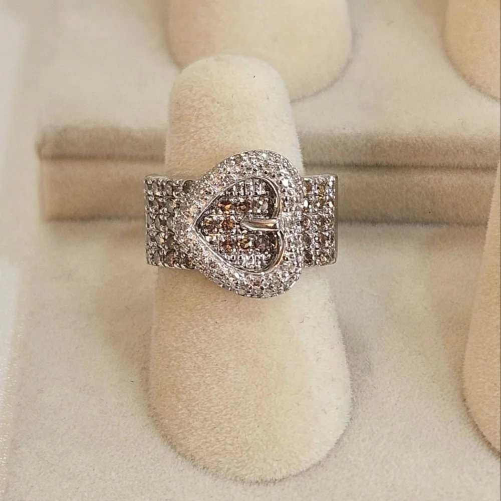 925 Sterling Silver Pave Diamonds Heart Buckle Band Ring Size 5 - Picture 4 of 7